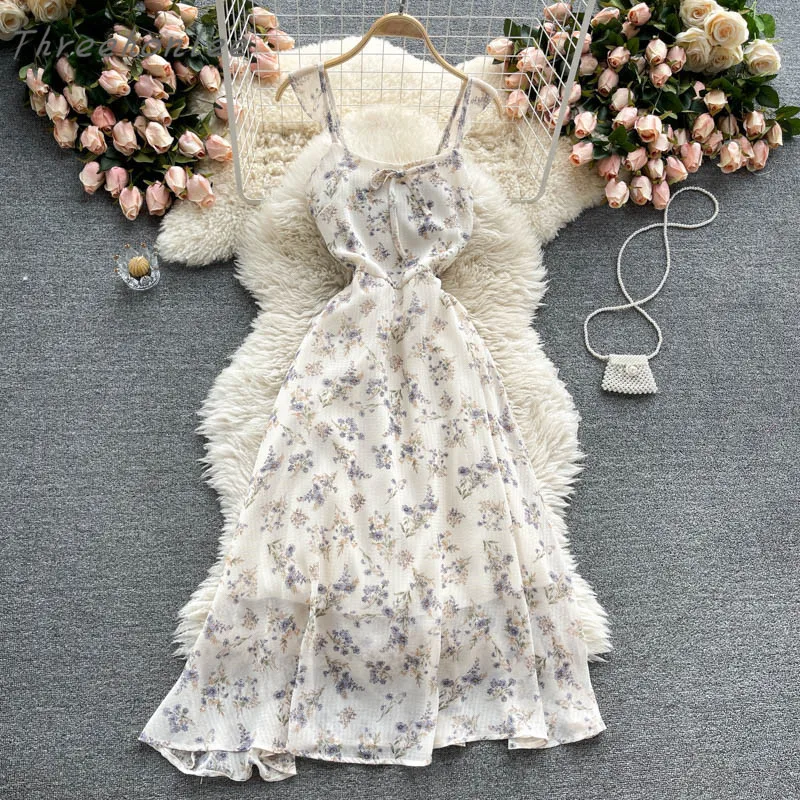 

Женское шифоновое платье на бретелях-спагетти, длинное платье с открытой спиной и цветочным принтом