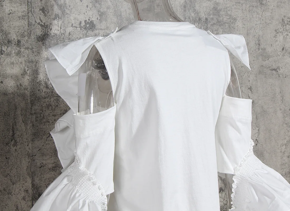 

Women Off Shoulder Cotton Blouse Spliced Casual Ruffles Shirt Tops