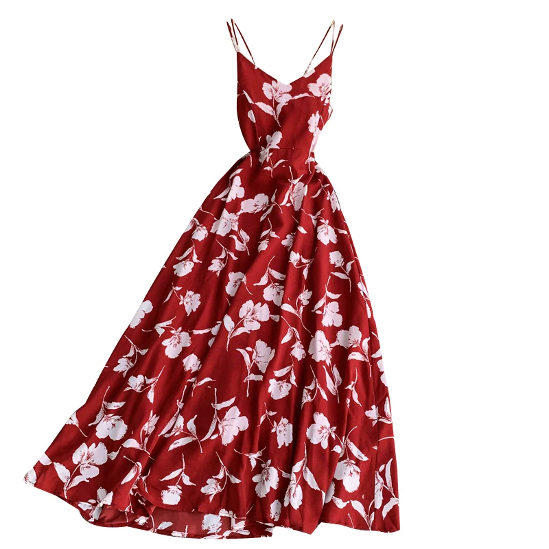 

Summer Long Robe New 2020 Fashion Women Slim Backless V-neck Sexy Dress Woman Vintage Floral Print Spaghetti Party Dress Vestido