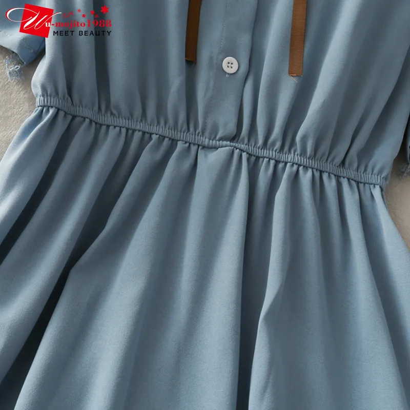 

Girls Summer Holiday Dress Women Chiffon Bow Solid High Waist Turn-down Collar Preppy Style Kawaii Popular Temperament Dress