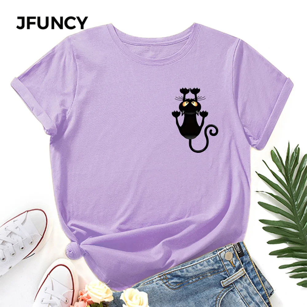 JFUNCY Oversize Women's Tops Lovely Cat Print Harajuku Tshirt Female Shirts Summer Casual Short Sleeve Basic Tee Cotton T-shirt