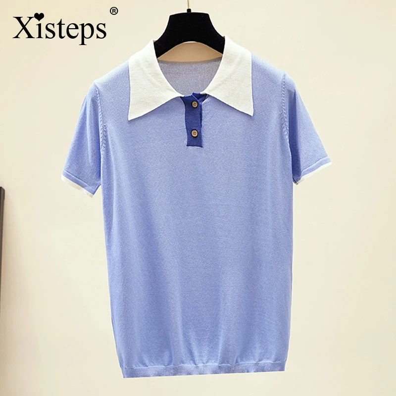 Женский трикотажный пуловер Xisteps Свободный Повседневный с коротким рукавом и