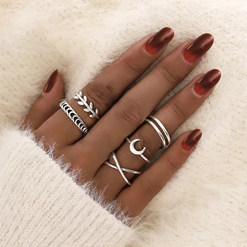 

HuaTang Vintage Silver Color Moon Finger Ring Set for Women Geometric Crescent Cross Knuckle Rings Female Jewelry Anillos 9893