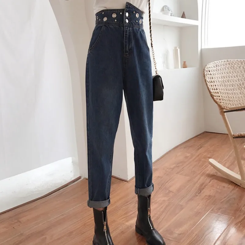 Осенние женские джинсы повседневные шаровары винтажные с высокой талией синие