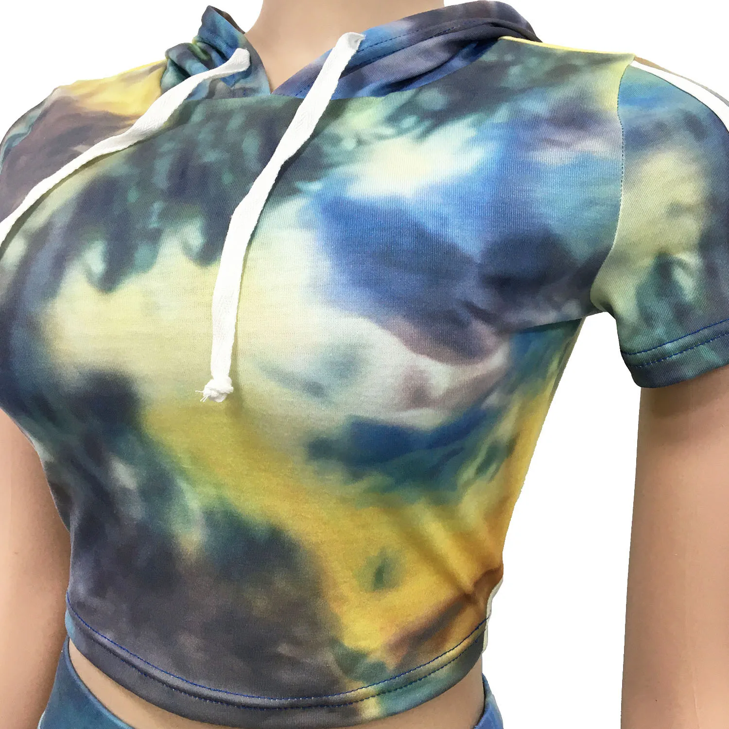 

Cutubly New Tie Dye Fitness Two Pieces Sets for Women 2020 Summer Short Sleeve Hooded Tops and Casual Knee Female Two Piece Sets