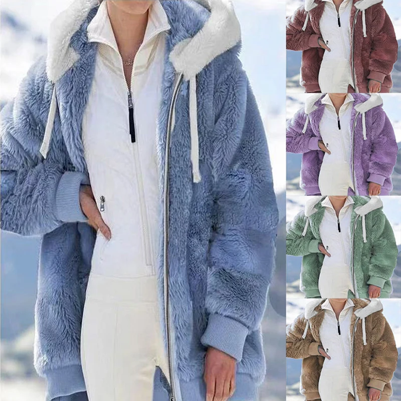 Зимние куртки, Женское пальто с капюшоном, пальто из искусственного меха, на молнии, с длинным рукавом, свободная верхняя одежда, теплая зимн...