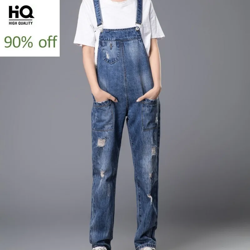 Женские свободные рваные джинсовые комбинезоны размера плюс в Европейском стиле