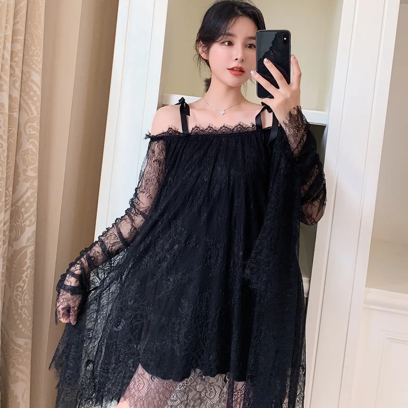

2020 Lace Long Sleeve Women's Nightgown Sexy Sleepwear Lace Night Dress White Princess Nightgown Sleepwear