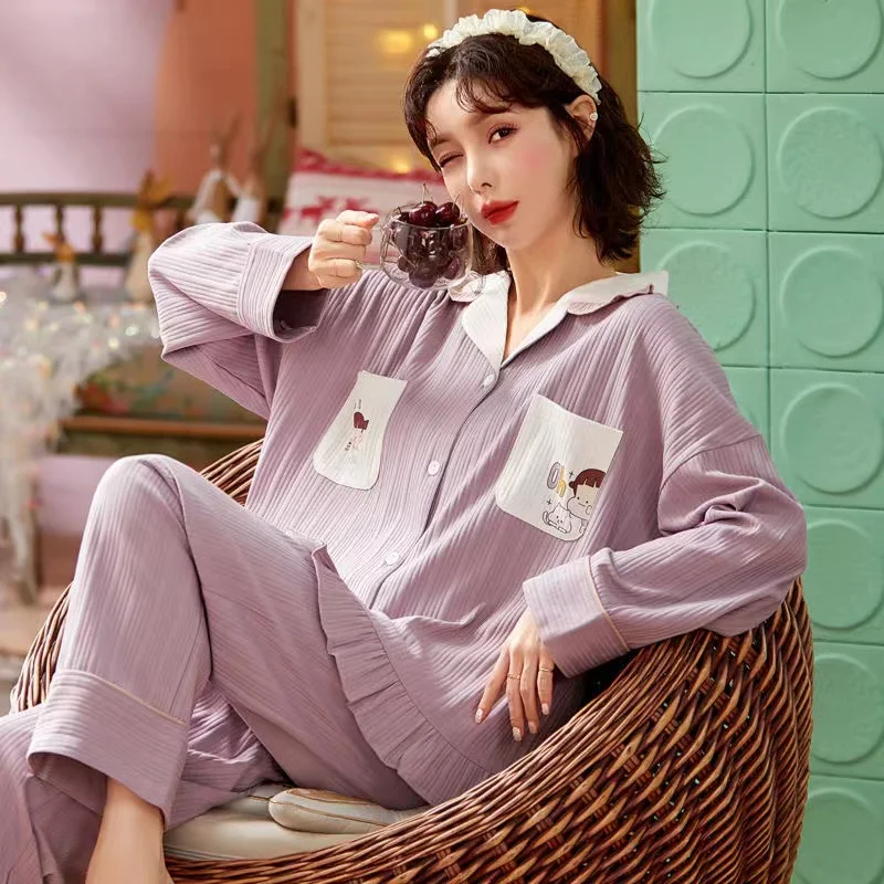 Spring Autumn Women's Pajamas Set 100% Cotton Sleepwear Long Sleeve Trousers Pyjamas Suits Female Sleep Lounge Pajama