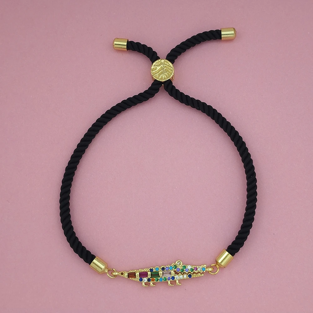 Милый маленький браслет из крокодиловой кожи женский черный с фианитом и