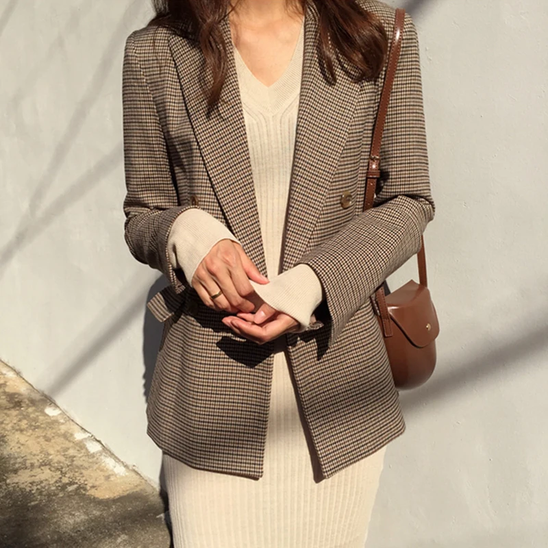 

Vintage Double Breasted Office Ladies Plaid Blazer Long Loose Jacket Houndstooth Suit Coat Jacket Women blazers Female 2021