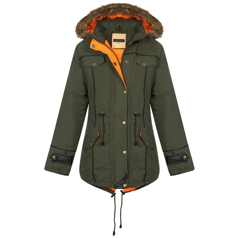 New Womens Ladies Quilted Contrast Inner Fishtail Parka Jacket