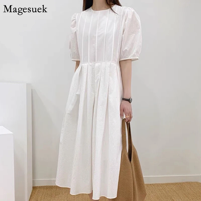 

Винтажное элегантное белое летнее платье с пышными рукавами, женское свободное Плиссированное женское платье, шикарные хлопковые длинные ...