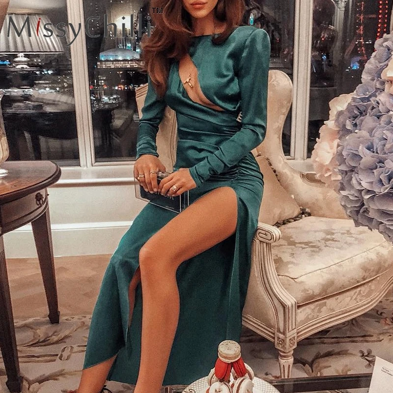 Женское атласное платье с длинным рукавом MissyChilli зеленое элегантное облегающее