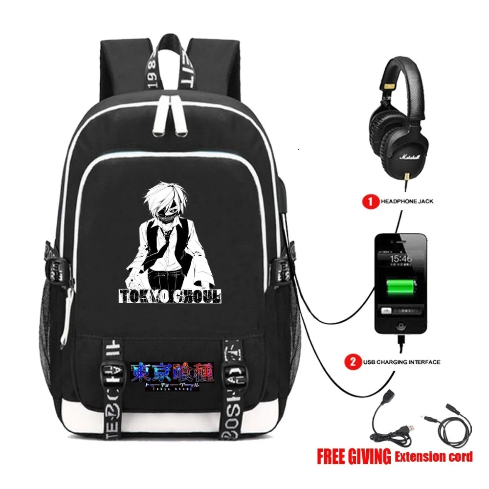

USB Charging Headphone jack Student School Backpack Teenagers travel laptop bag otaku anime Tokyo Ghoul Canvas Backpack 14 style