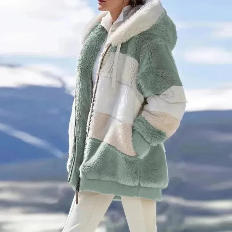 2021 Winter Women's Coat Fashion Casual Stitching Plaid Ladies Clothes Hooded Zipper Ladies Coat Cashmere Women Jacket