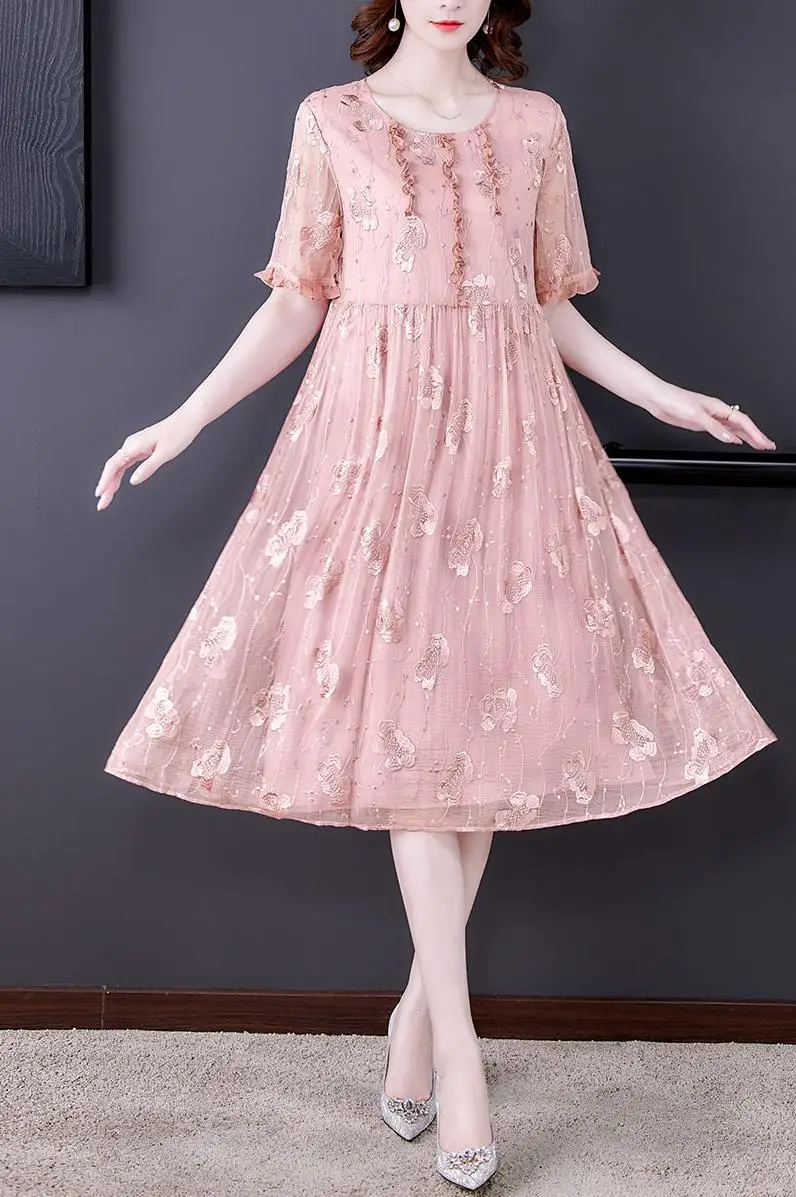 

COIGARSAM 4XL Plus Size Embroidery Women dress Summer Dresses Pink 5062