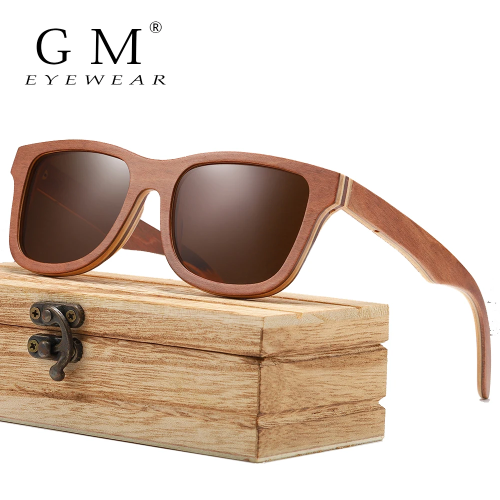 GM Skateboard Wood Sunglasses Men Women Handmade Natural Wooden Polarized Sunglasses New With Creative Wooden Gift Box S832