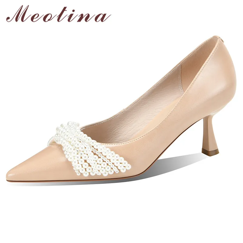 

Meotina Genuine Leather Stiletto Heels Pumps Women String Bead Pointed Toe Fashion Shoes Lady Shallow High Heel Party Footwear