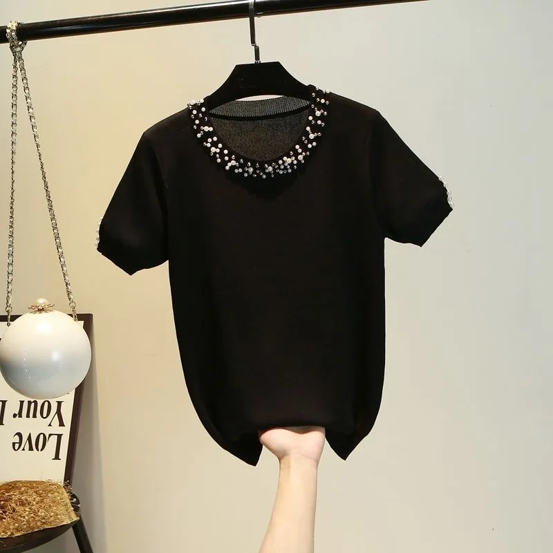 

M-XL алмазы футболка Для женщин трикотажные футболки Для женщин s модная обувь, элегантные футболки трикотажные Для женщин с круглым вырезом ...