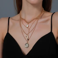 retro multilayer metal thick chain pendant personality creative moon star pearl necklace 2021 trendy clavicle chain party gifts