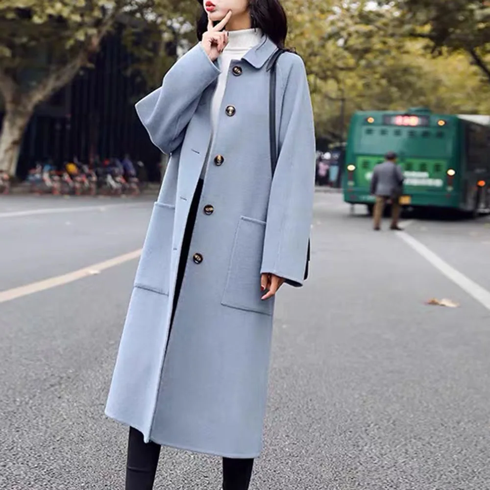 

2021 Autumn And Winter Korean Fashion Loose High-end Women's Mid-length Woolen Coat Jacket Casual Ladies Overcoat Temperament