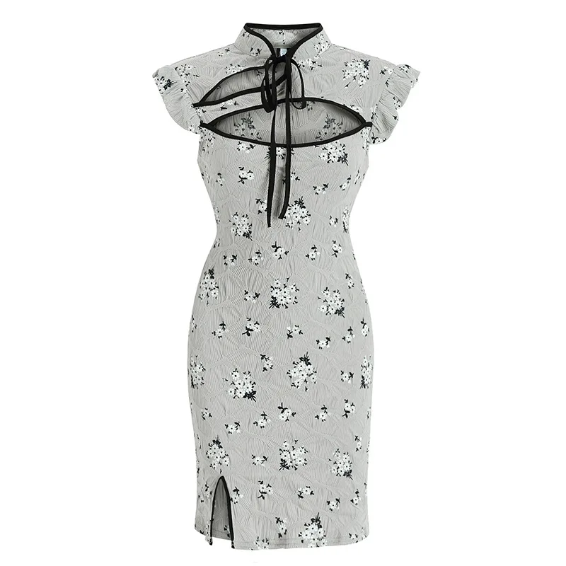 

2021 Spring and Summer New Casual Fashion French Women's Temperament Floral Hollow Sling Improved Slim Bag Hip Dress