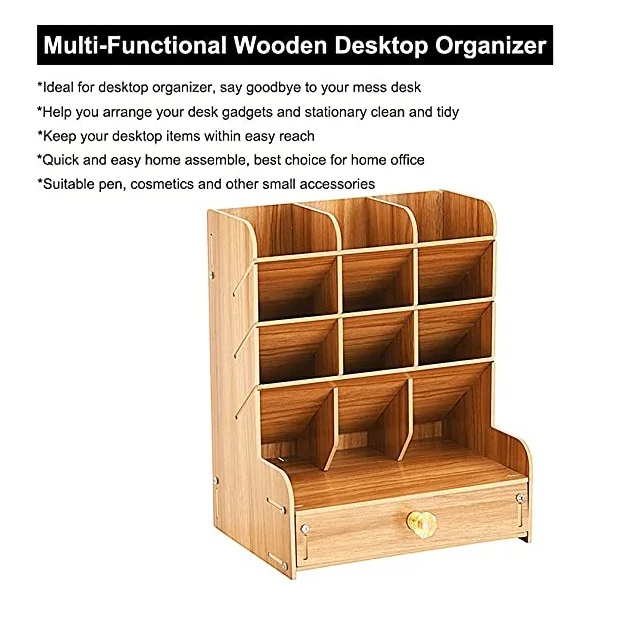 

Wooden Desk Organizer Multi-Functional Pen Holder Box Desktop Stationary For Home Office Supply Storage Rack with Drawer