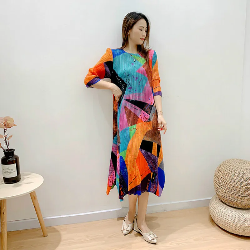 

Dresses For Women Plus Size 45-75kg 2020 Autumn Winter Fashion Printed Stretch Miyake Pleated Round Neck Loose Casual Clothes