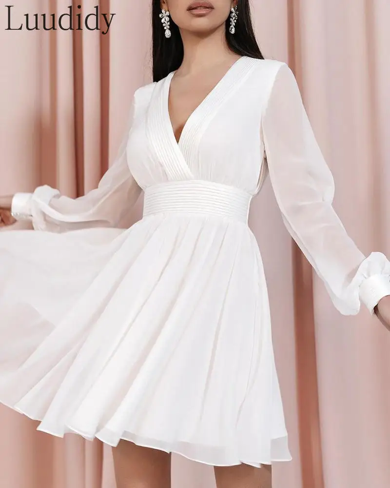 

Women Elegant Solid Deep V Neck Long Sleeve Dress Vestidos