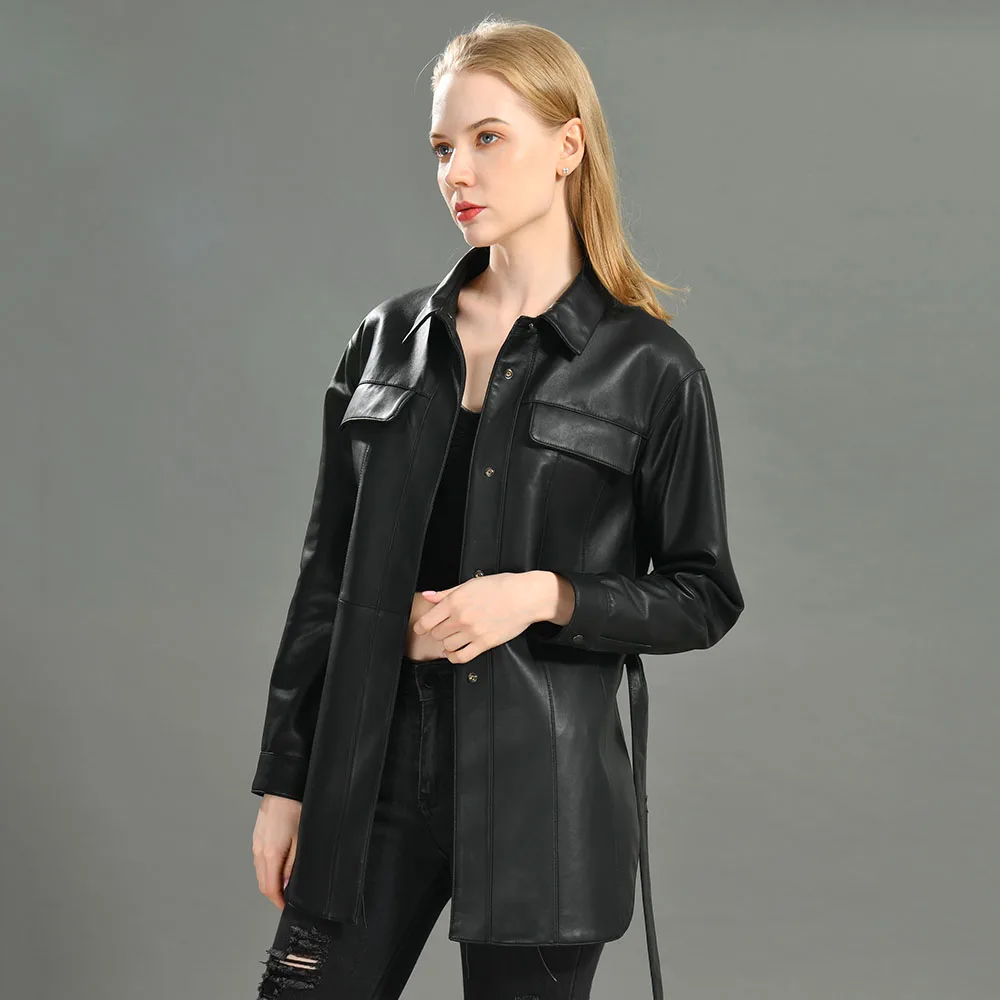 

Женская кожаная блузка, черная Однотонная рубашка с длинным рукавом и пуговицами на поясе