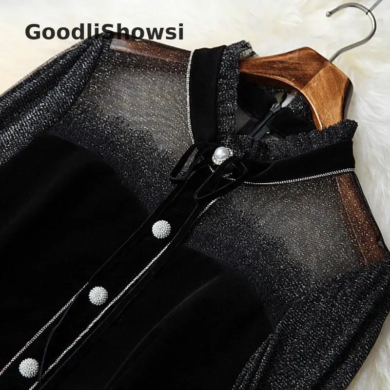 GoodliShowsi высококачественное Благородное женское элегантное платье с люрексом, Сетчатое лоскутное бархатное платье с рукавами-фонариками, женские вечерние платья черного цвета