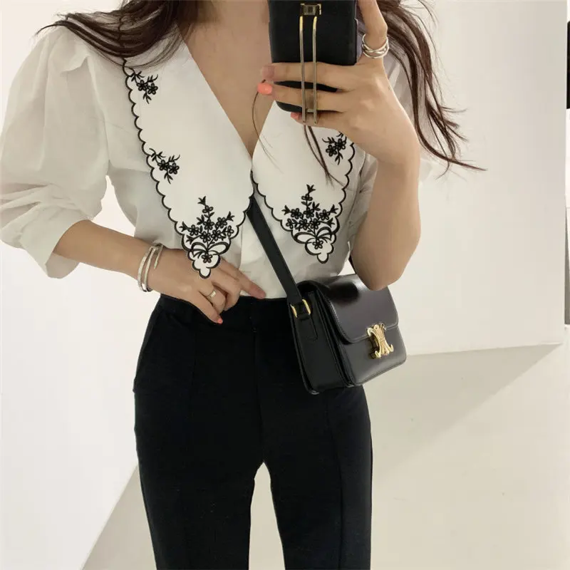 2019 высокое качество кружева шифон блузка рубашка длинный рукав с бисером рубашки