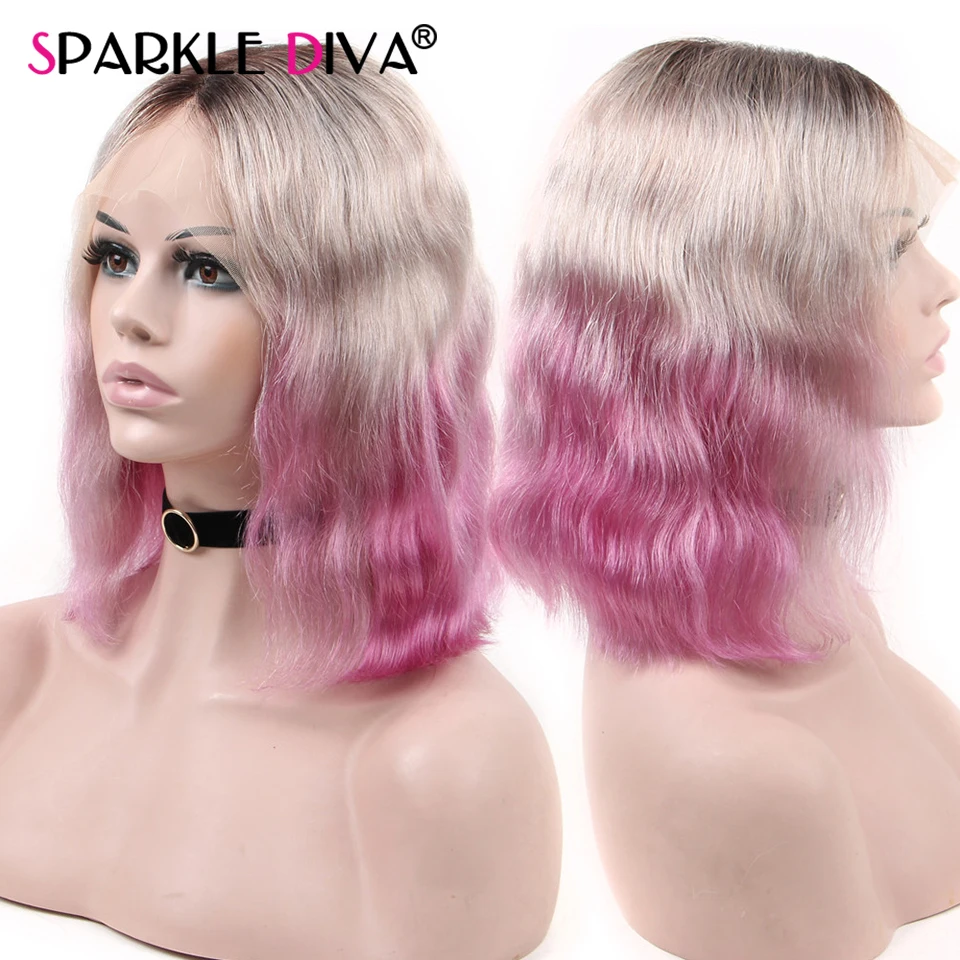 

Парик T1B/серый/розово-красный на сетке спереди, Короткие парики боб, натуральные волны, предварительно выщипанный парик на сетке 13x4, бразиль...