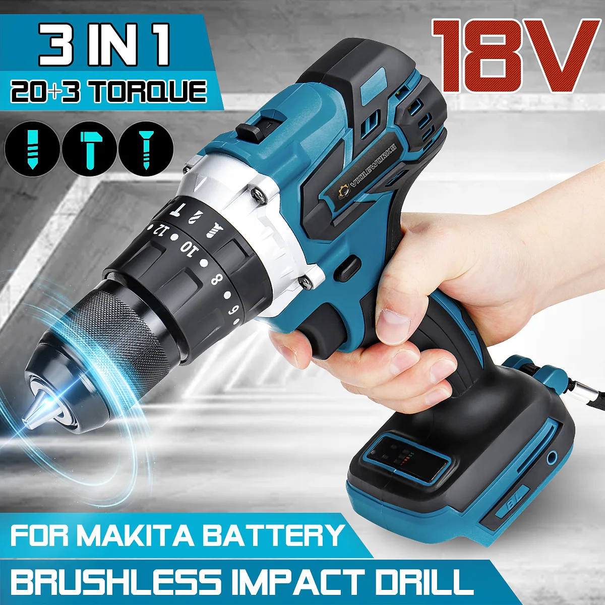 

3 in 1 Brushless Electric Hammer Drill Electric Screwdriver 13mm 20+3 Torque Cordless Impact Drill for Battery 18V