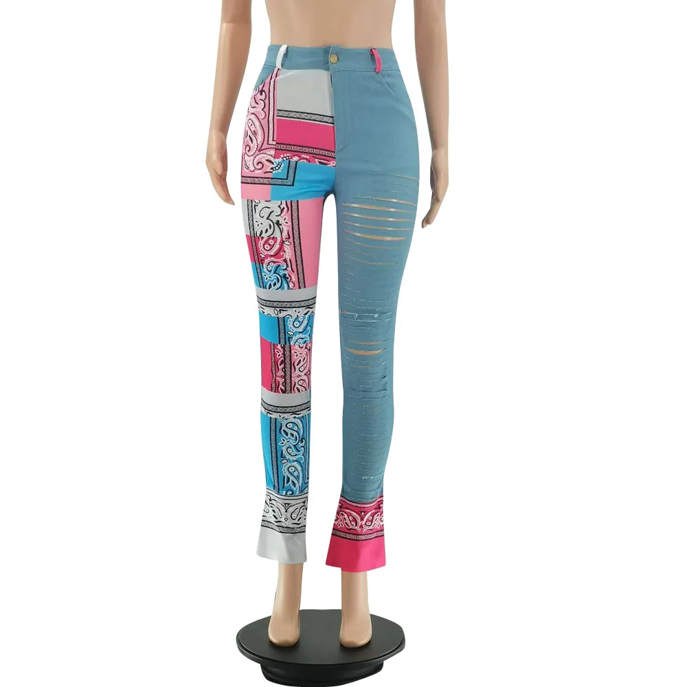 

Patchwork Women Pants Print Hollow Out Skinny Flare Pants Autumn Winter Streetwear Outfits Distressed Denim Trousers Women