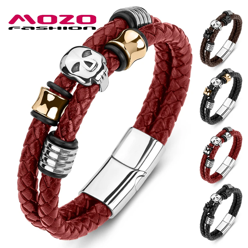 

MOZO Dropshipping HOT Sale Men Bracelets Leather Stainless Steel Skull Punk Bangles Wholesale High Quality Jewelry Gifts 189