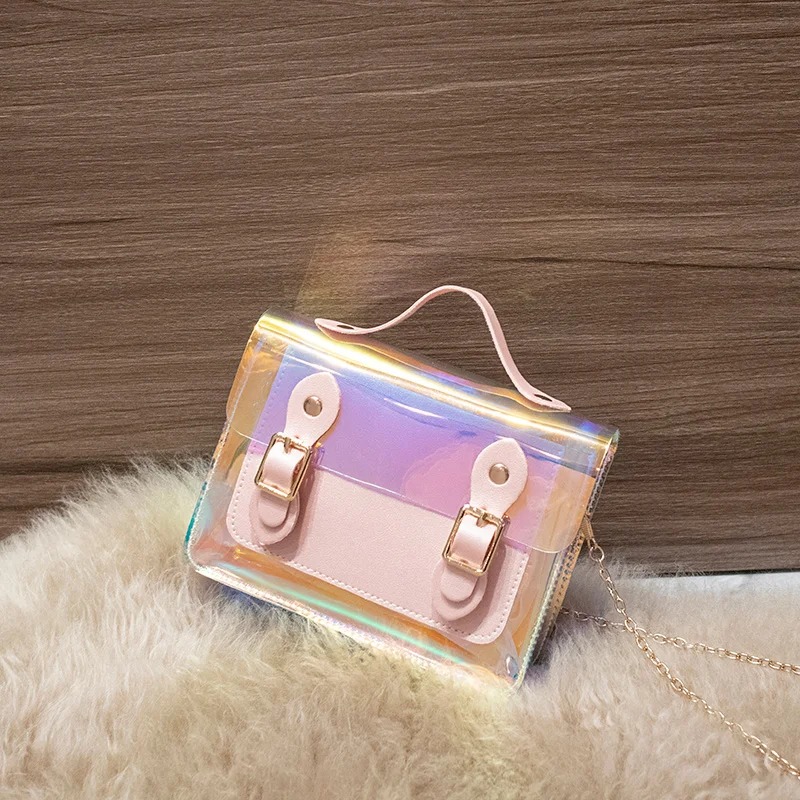 

2020 Fashion Women Shiny PU Leather PVC Clear Crossbody Purse Fashion Holographic Small Shoulder Messenger Bag with Chain Strap