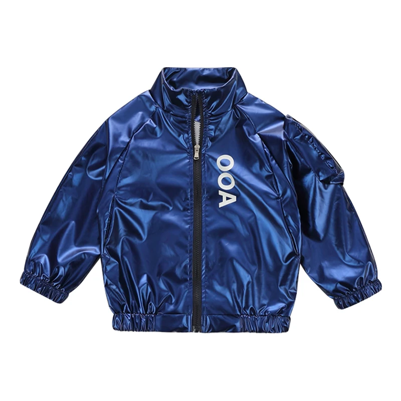 

BINIDUCKLING/осеннее Детское пальто для мальчиков, блестящее Детское пальто на молнии с буквенным принтом синяя модная ветровка, Детская куртка н...