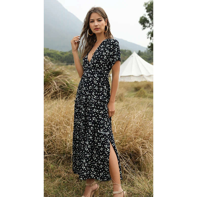 

Print Floral V Neck Bohemian Ruffle Dress Short Sleeve 2021 New Spring Summer Fashion White Yellow Green Blue Feminina CX1456