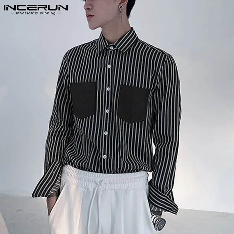

Fashion Turn Down Collar Striped Camisa INCERUN 2021 Spring Patchwork Long Sleeve Men Casual Shirts Man Leisure Button Blusa 5XL