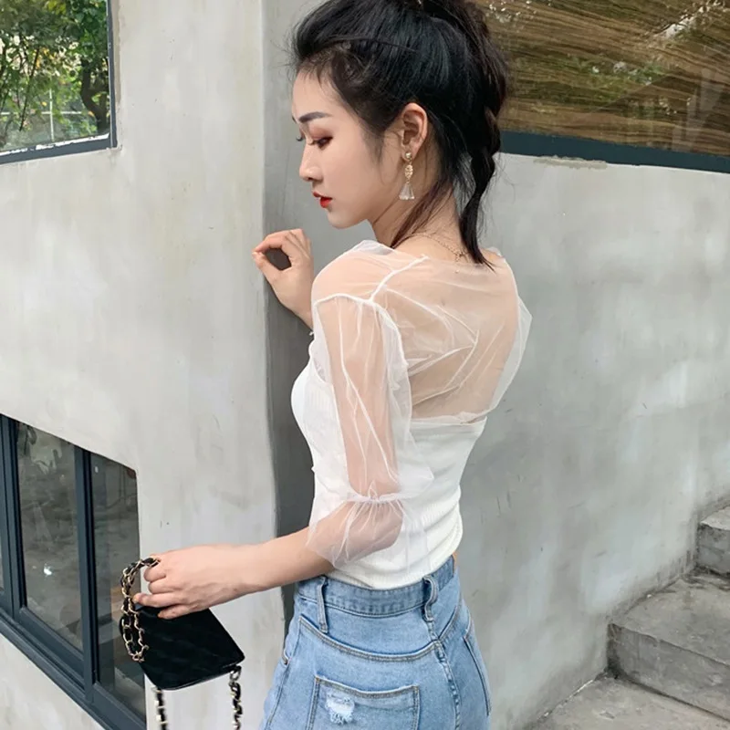 

Mesh Lantern Sleeve T-Shirt For Women Summer Fashion Knit Stitching Lace Charm Sweet Temperament Sexy T-Shirt Female