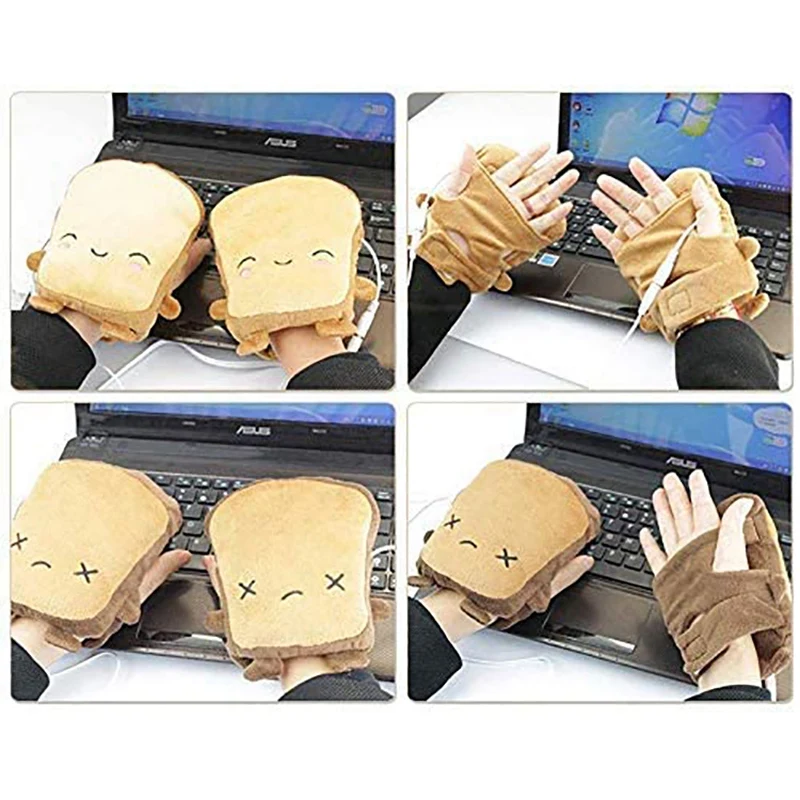 

USB hand warmers,cute USB heating gloves,semi-wearable USB powered toast fingerless hand warmers, winter fashion gift