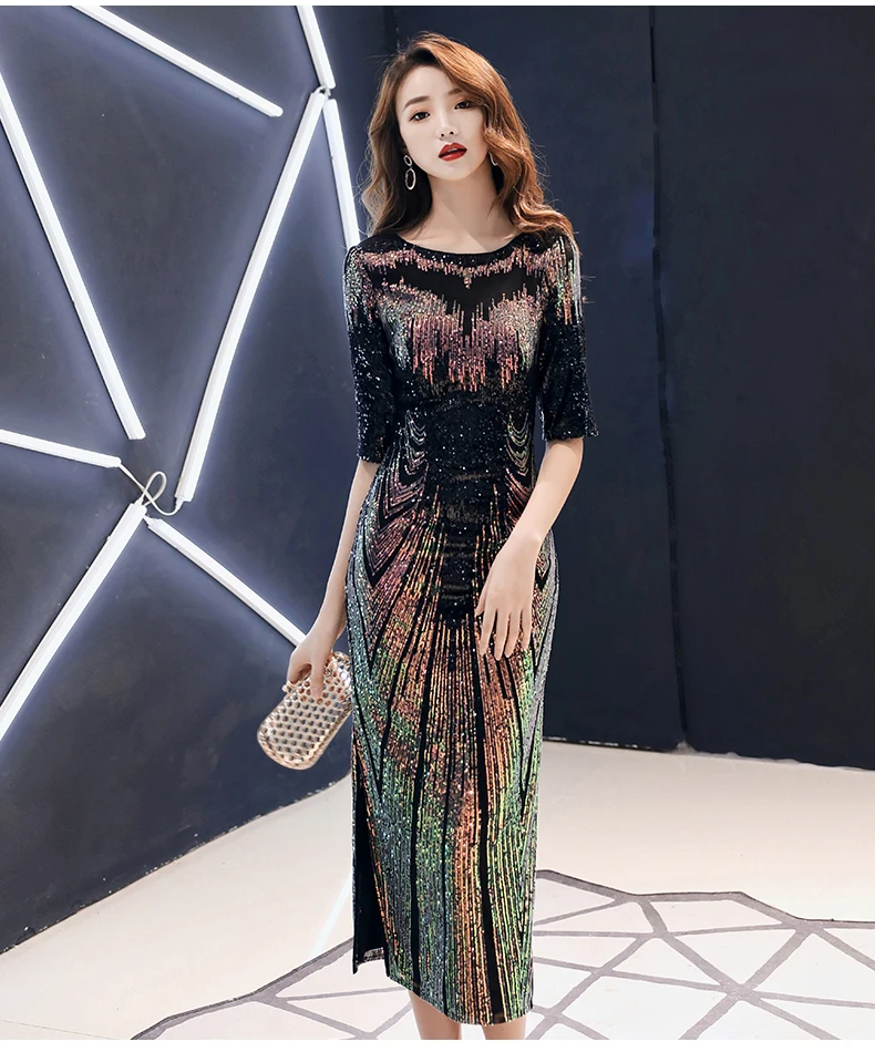 Robe De Soiree Новое Сексуальное вечернее платье с блестками, о-образный вырез, половина рукава, макси платье, вечерние платья для выпускного вечера AE474