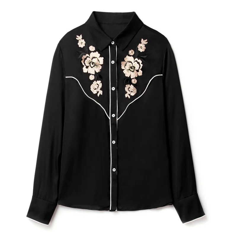 

93% Silk 7% Spandex Women's Shirt Turn Down Collar Long Sleeves Embroidery Floral Fashion Blouse Elegant Camisas