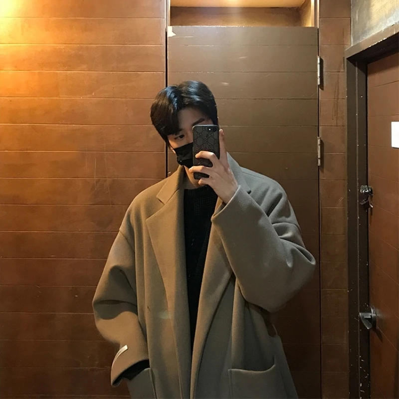 Зимняя мужская шерстяная зимняя куртка свободная ветровка кашемир Длинный