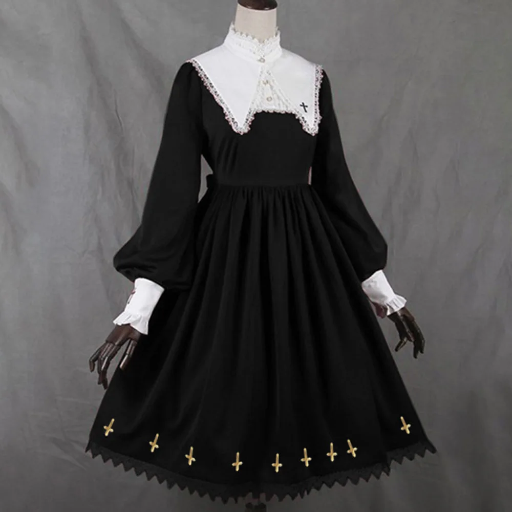 

Женское платье в стиле Лолиты, черное готическое платье с воротником-стойкой, кружевное платье в стиле ретро с рукавами-фонариками, платье т...