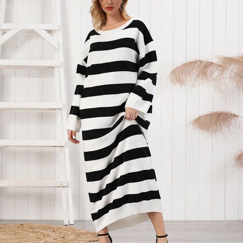 CHICEVER Striped Hit Color Knitted Dress For Women O Neck Long Sleeve Oversize Loose Maxi Female Dresses 2020 Autumn Fashion New | Женская