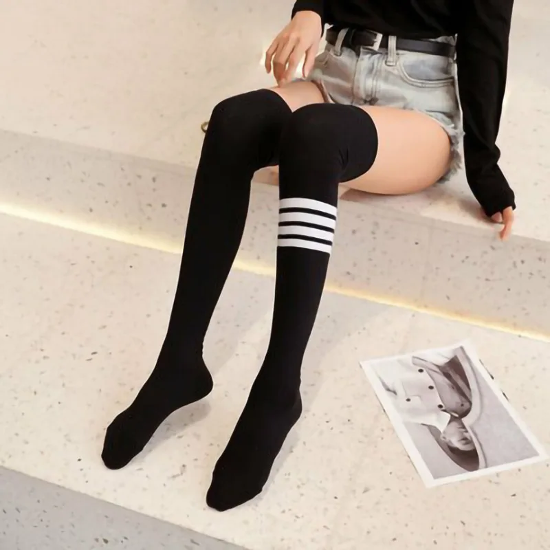 

TB cotton ladies stockings asymmetrical four bar horizontal straps over the knee socks casual thigh socks college fashion socks