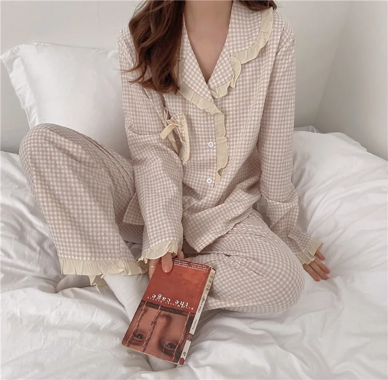 

autumn chic vintage plaid homewear ruffles single breasted blouse pants 2 piece set long sleeve sleepwear ladies pajama set Y996